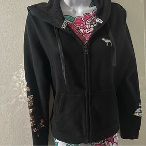Pink Victorias Secret Zip Up Hooded Sweater with Silver Embellishments